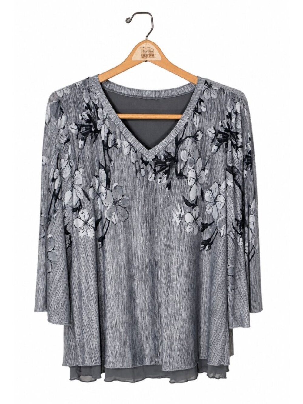 Floral Grey V-Neck Tunic Blouse With 3/4 Sleeves & Layered Hem - Womens Size L